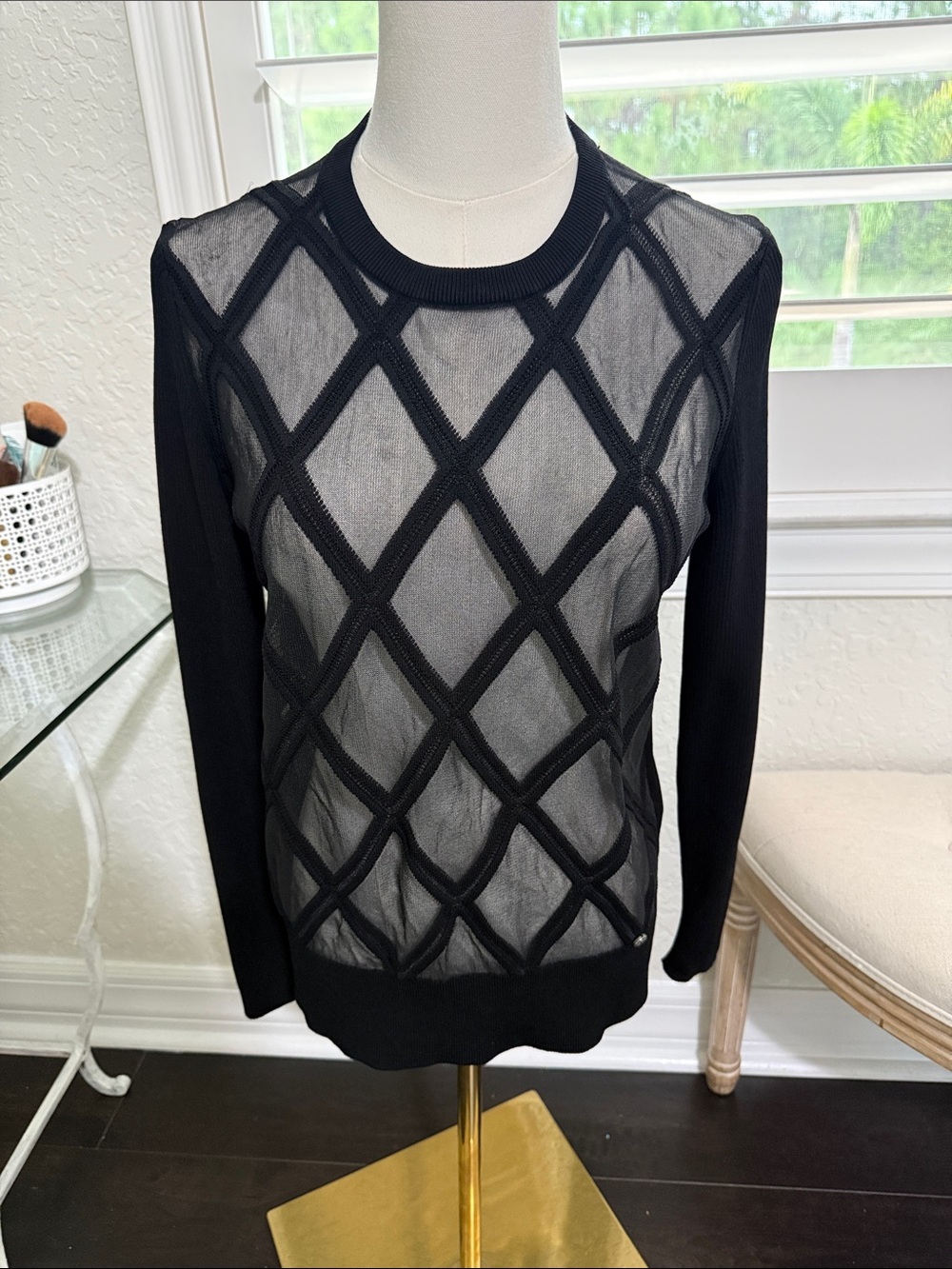 Ted Baker Black Sheer Diamond-Panel Crew Sweater